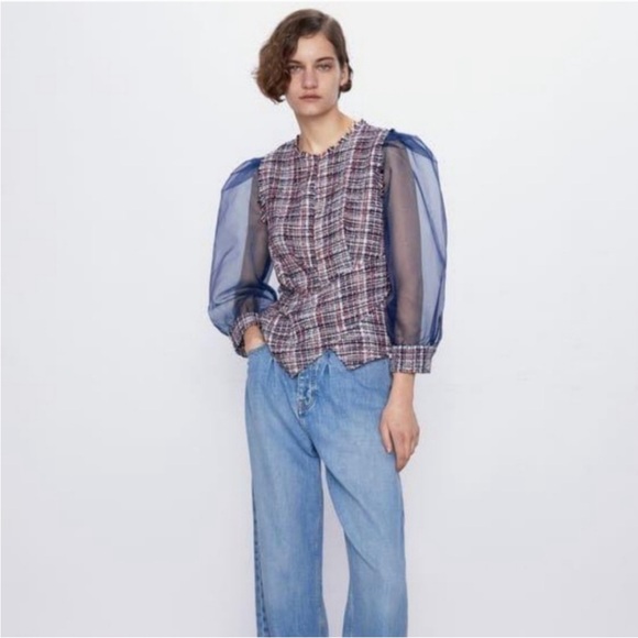 New Zara Tweed Organza Asymmetrical top size medium - Picture 4 of 13